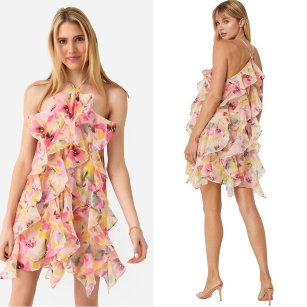 MISA Los Angeles Miah Ruffle Floral Halter Mini Dress Hello Yellow Size M NWT